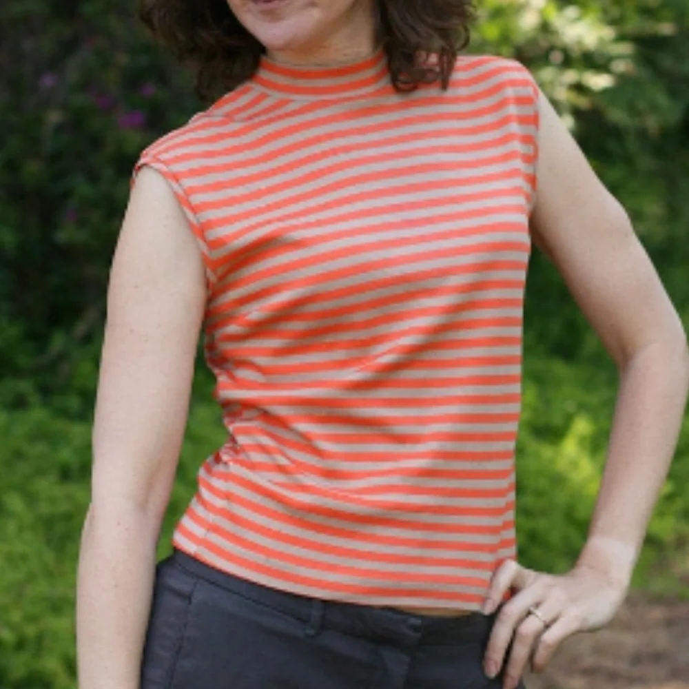 VINTAGE 1960s Women's Sleeveless Stretchy Striped Coral Orange Top - Picture 1 of 8